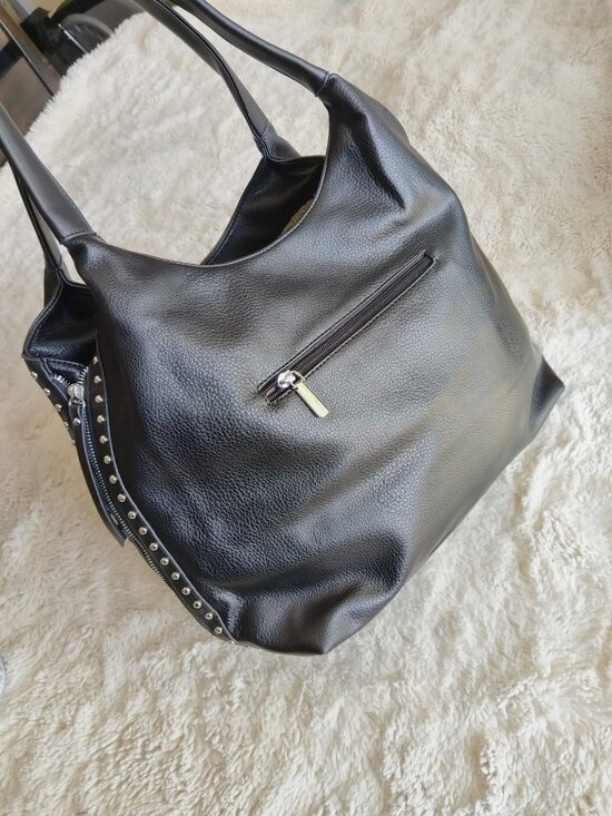 The Unbranded Brand Handbags - Black Pebble Leather Studded Hobo Bag Shoulder Tote Zipper Accents Edgy Rocker